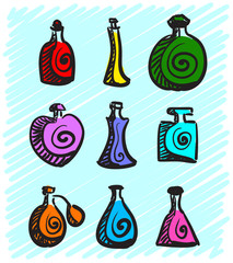 Set of colorful bottles with spirits hand-drawn on a blue background.