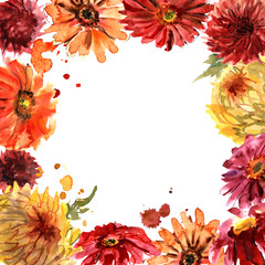 Cute watercolor flower frame with gerberas and chrysanthemum. Invitation. Wedding card. Birthday card
