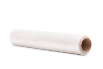 Roll of transparent stretch film on white background.