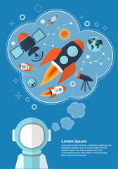 Astronaut who is thinking about rockets, stars and other objects with space for your text.