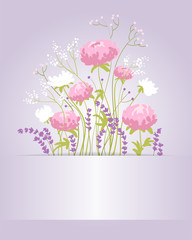 Composition with peonies, lavender and wild flowers. Card.