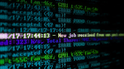 Mining Cryptocurrency process program on display PC. Using Software. Share Found.