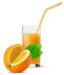 Glass of fresh orange juice with a yellow striped straw and oranges three quarters green leaf