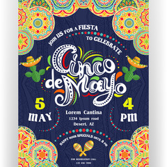 Cinco De Mayo announcing poster template. Ornate lettering, sombreros and cactuses. Mexican style rich ornamented border. - 199803463