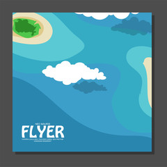 Fototapeta premium Flyer in flat style with a map of the island to travel and vacation on yacht clouds in the sky. View from the birds flight.