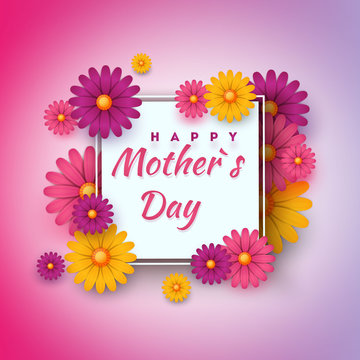 Mother's Day greeting card with square frame and paper cut flowers on colorful modern background. Vector illustration. Place for your text.