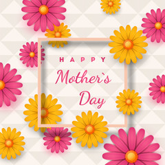 Mother's Day greeting card with square frame and paper cut flowers on colorful modern geometric background. Vector illustration. Place for your text.
