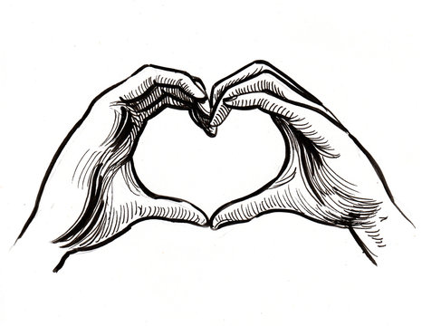 Hands making heart. Ink black and white illustration
