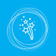 firework icon on a blue background with abstract circles around and place for your text.