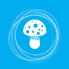 fly agaric mushroom icon on a blue background with abstract circles around and place for your text.