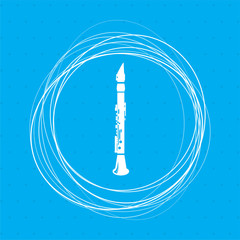 Clarinet icon on a blue background with abstract circles around and place for your text.