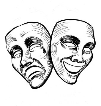 Ink black and white illustration of a theater masks
