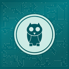 Cute owl cartoon character icon on a green background, with arrows in different directions. It appears the electronic board.