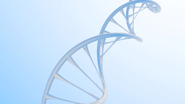 Close angle of DNA silver strand, Double Helix - blue and white background, promotional and business