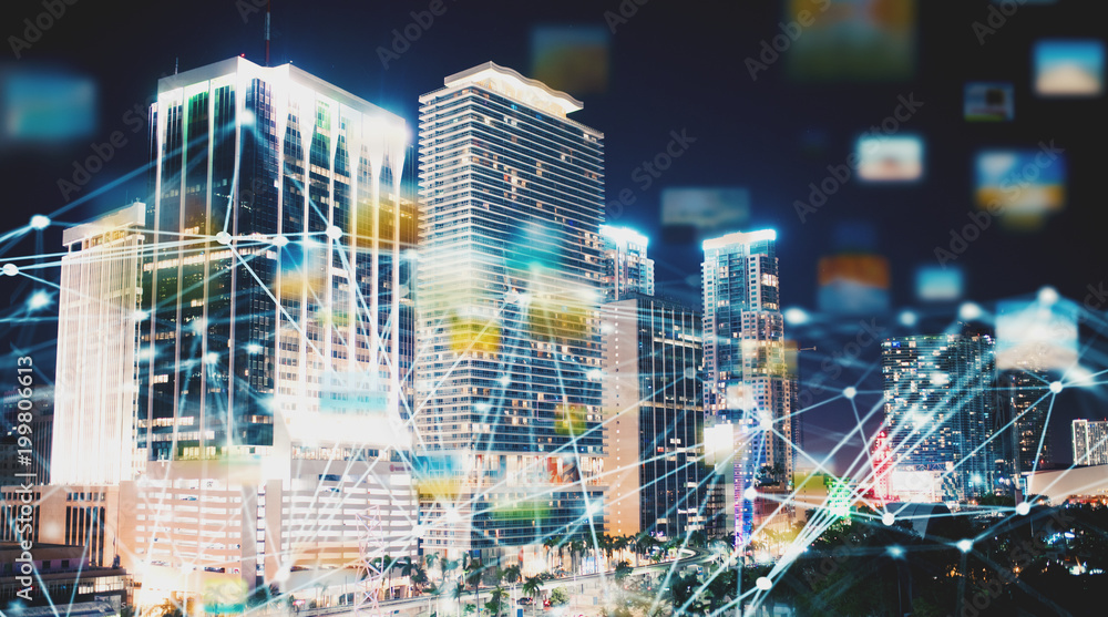 Poster abstract internet connection network with night city with skyscrapers at the background