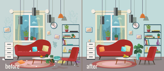 Naklejka premium Living room before and after cleaning. Vector flat illustration.
