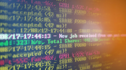 Mining Cryptocurrency process program on display PC. Using Software. Share Found.