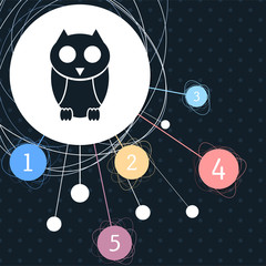 Cute owl cartoon character icon with the background to the point and infographic style.