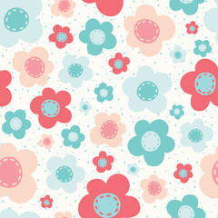 Vector Bright Colorful Flowers Pink Blue White Seamless Pattern