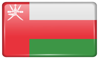 Flags Oman in the form of a magnet on refrigerator with reflections light.