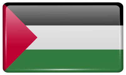 Flags Palestine in the form of a magnet on refrigerator with reflections light.