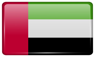 Flags United Arab Emirates in the form of a magnet on refrigerator with reflections light.