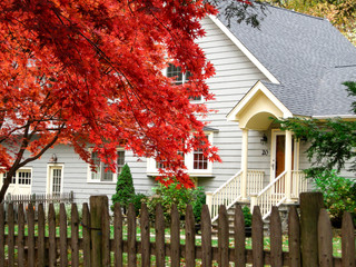 White house with red maple