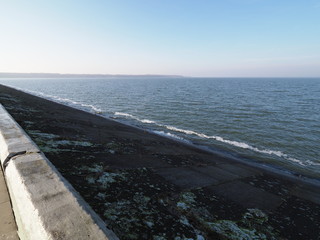 Waterfront with walkway at countryside landscape of barrage shore next to artificial Goczalkowice...