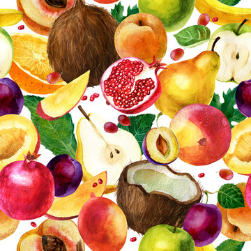 Watercolor illustration. Pattern of watercolor fruit on a white background. Coconut, pomegranate, pear, apple, mango, peach, plum, orange.