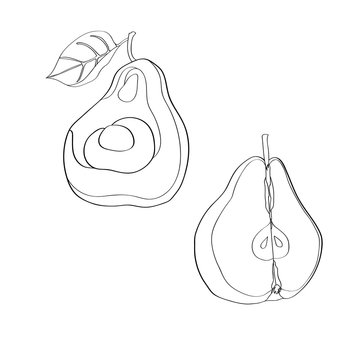 Vector illustration. Pear, cut pear, half pear. Black line, outline.