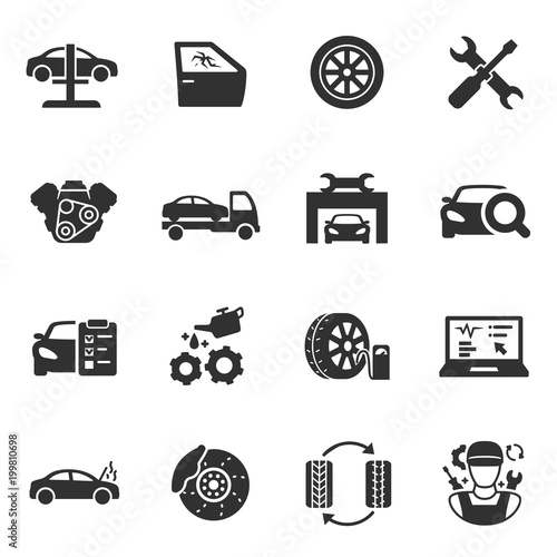 "Vehicle service, monochrome icons set. Car maintenance, simple symbols
