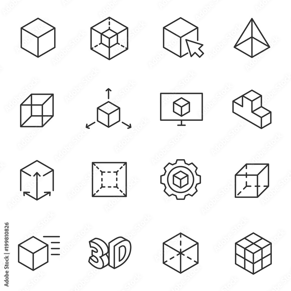Wall mural 3d modeling icon set, 3-dimensional model, thin line design. line with editable stroke