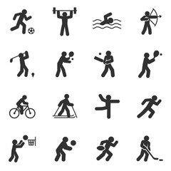 Fototapeta na wymiar Sport. Monochrome icons set. Different kinds of sports, simple symbols collection