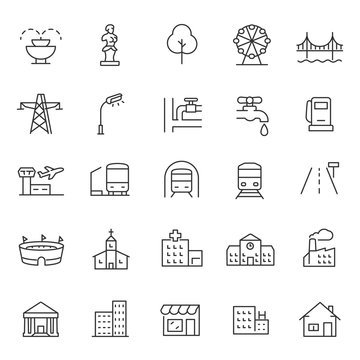 infrastructure and city elements icon set. linear design. Line with editable stroke