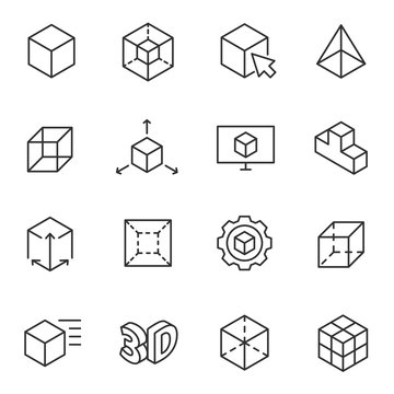 3D modeling icon set, 3-dimensional model, thin line design. Line with Editable stroke