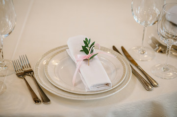 Serving, setting table. Two plates, glass glasses, silverware cutlery with linen napkin are decorated pink ribbons, branch greens. Wedding table decoration. Artwork. Close up. Side view.
