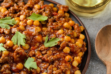 Chile with chickpeas in the plate