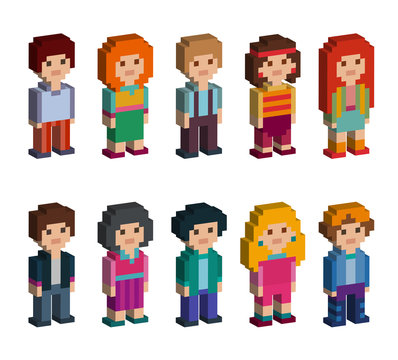 Different pixel 8-bit isometric characters. Men and women are standing on white background. Vector illustration.