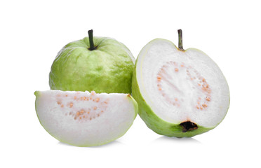 whole and half guava fruit with green leaf isolated on white background