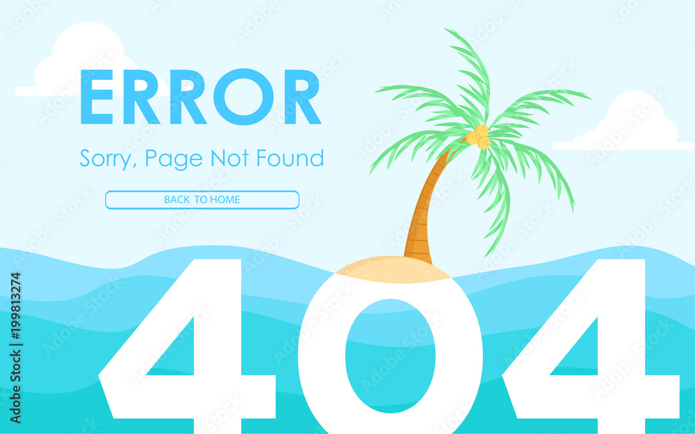 Poster 404 error not found page flat design with deserted island background vector design