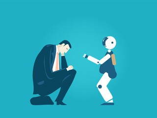 Thinking businessmen. Robot trying to identify and sort out the problem. Artificial intellect, robots taking over. 