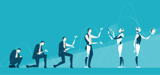 Human turning to be an immortal robot. Future reality of medicine. Artificial organs and pieces of body. Lasting forever life concept illustration 