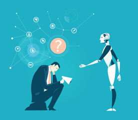 Thinking businessmen. Robot trying to identify and sort out the problem. Artificial intellect, robots taking over. 