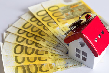 Real estate concept. Real estate and mortgage investment. Being an easy way homeowner. Real estate risk. Mortgage concept. Euro concept. Euro and house on the ground.