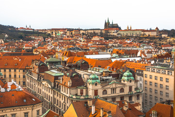 Panorama of the city of Prague. The old part of the city. Beautiful roofs of shingles. Ancient...