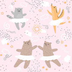 Forest animals dancing ballet seamless pattern. Cute cartoon wild nature children kids bear fox cat hand drawing ballerina character pink textile print design element. Vector doodle illustration