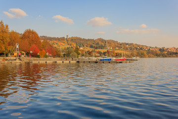 view of the lake of viverone in italy/Lake Viverone is the third largest lake in Piedmont in Italy , It is a lake of glacial origin,and an important fish and tourist resource