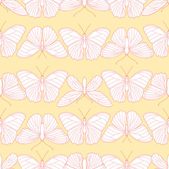 Seamless pattern of butterflies on a light yellow background. Vector illustration.