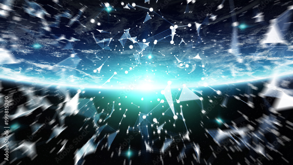 Aufkleber Connections system and datas exchanges on planet Earth 3D rendering