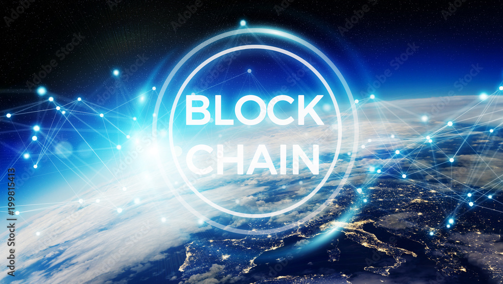 Poster blockchain on planet earth 3d rendering